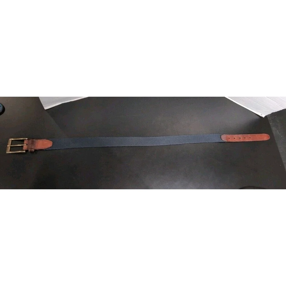 VINTAGE L.L.BEAN Navy Web Belt Sz 30 Brown Leather Solid Brass Buckle Made USA